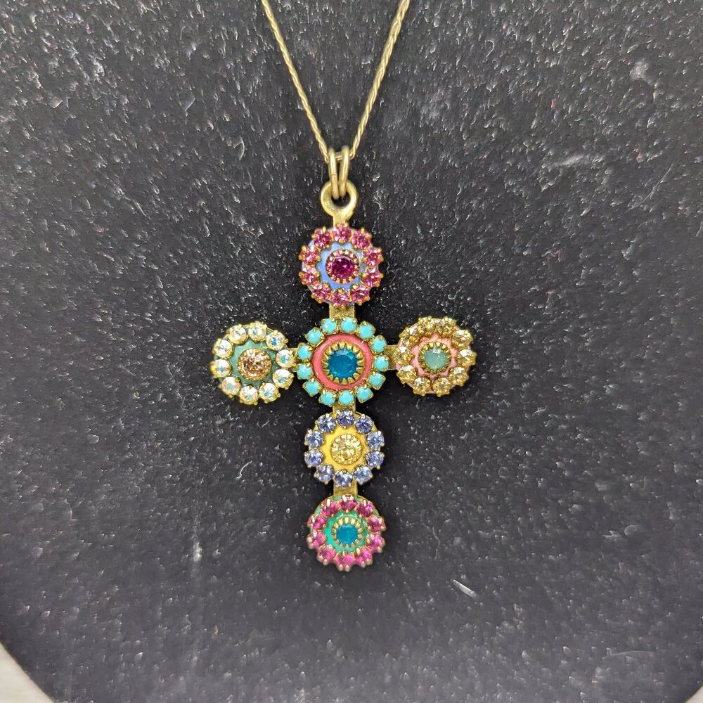 Michal Golan Signed Pastel Floral Crystal Multicolored Gem Cross Necklace